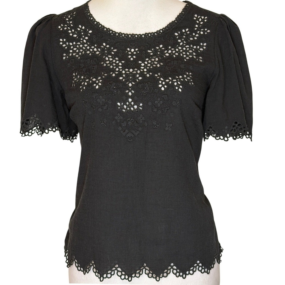 Rebecca Taylor Eyelet Lace Short Puff Sleeve Cotton Top Blouse Boho Size 2